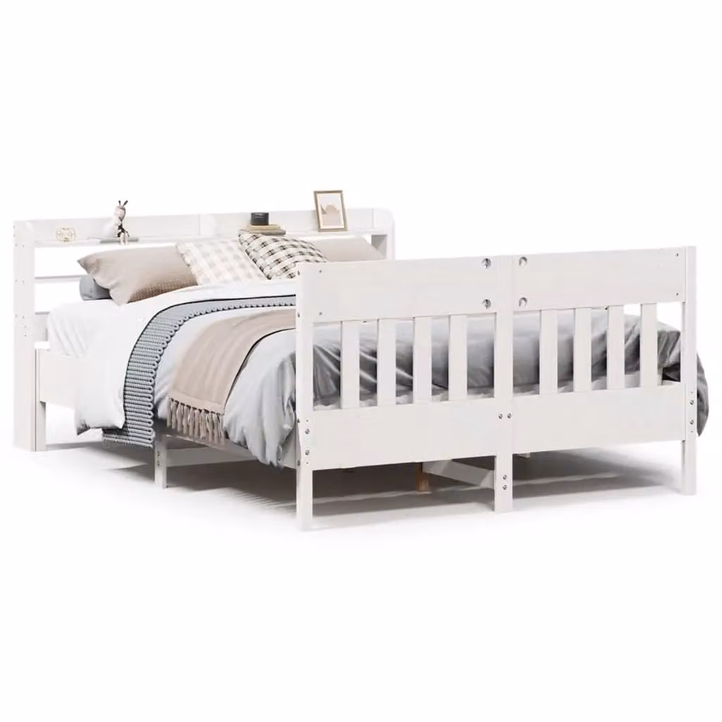 Berkfield Home White Solid Wood Pine Bed Frame with Side Compartments W/D/H: 140 x 190 cm