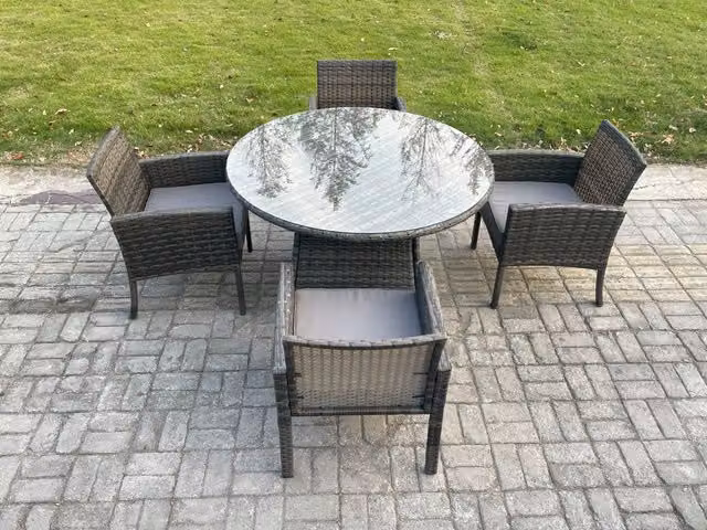 Fimous 4 Seater Rattan Garden Furniture Set with Round Glass Top Table and Armchairs in Dark Grey