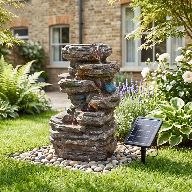 Breeins Solar Powered Tabletop Garden Water Feature with LED Cascade in Brown and Multicolour