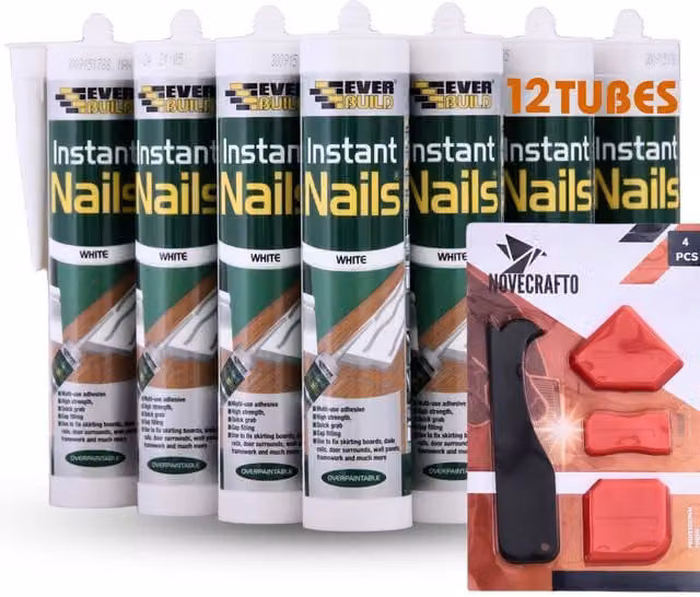 NOVECRAFTO No More Nails Solvent-Free Bonding Glue, 12 Pack of White Tubes with 4-Piece Caulking Tool Kit