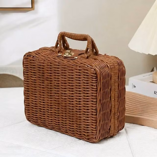FLAVORA Brown Woven Rattan Style Open Weave Basket with Handles