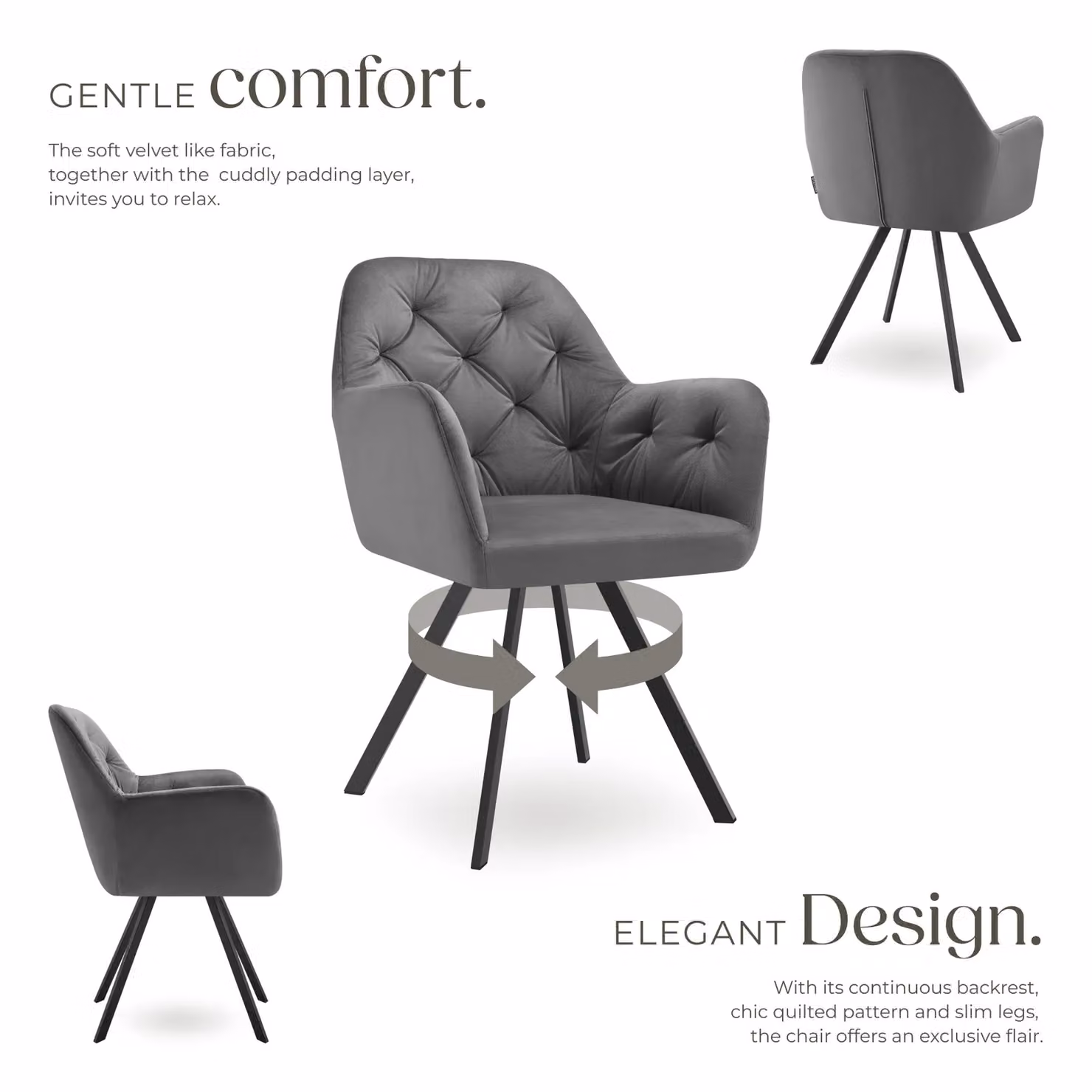 tectake Lucia Armchair in Anthracite Dark Grey with Velvet Upholstery and Metal Frame – 3