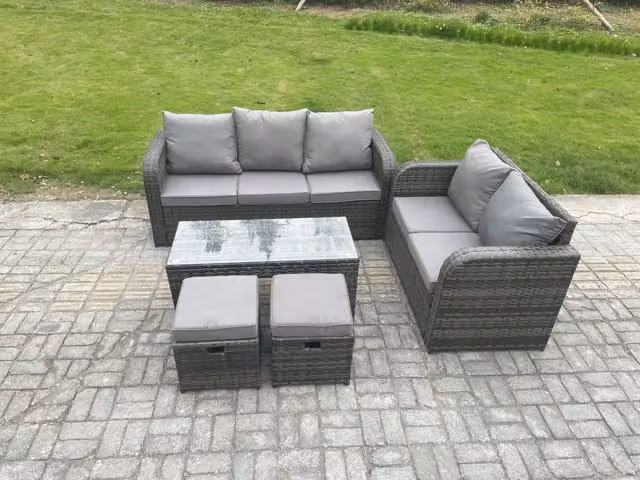 Fimous 7 Seater Outdoor Rattan Garden Furniture Set with Patio Lounge Sofa and Rectangular Coffee Table in Dark Grey