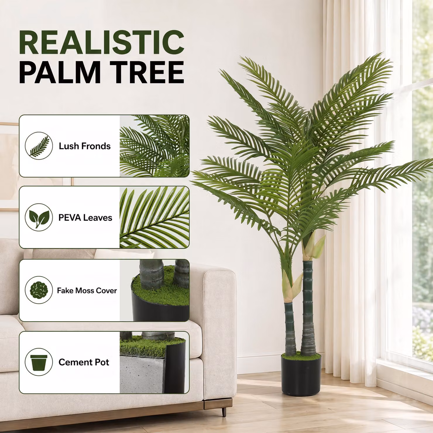 HOMCOM Artificial Palm Tree with 16 PEVA Leaves, 150cm Green Decorative Plant with Pot and Moss Effect – 3