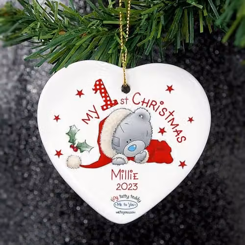Personalised Me to You My 1st Christmas Ceramic Heart Hanging Decoration in White