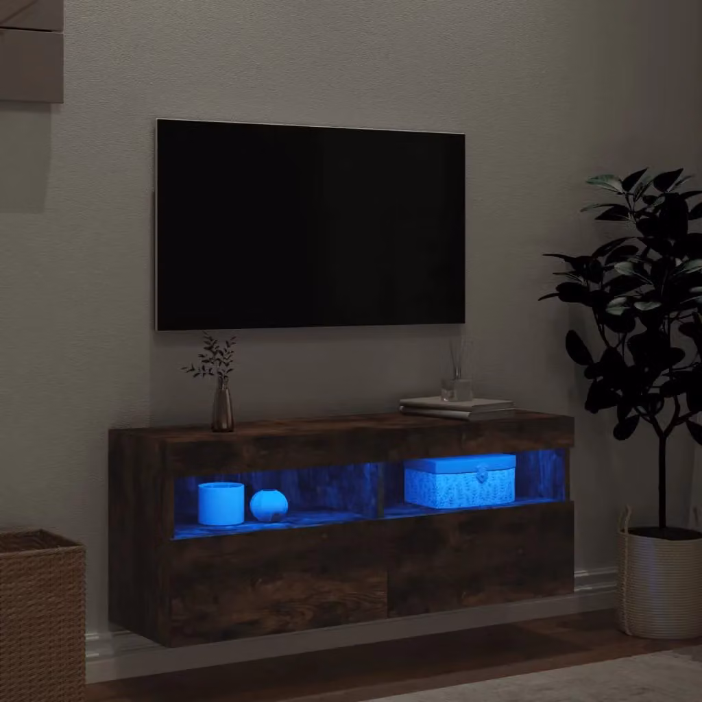 Berkfield Home Modern Wall Mounted TV Cabinet with Integrated LED Lights in Smoked Oak Brown, W/D/H: 100 x 40 x 40 cm – 4