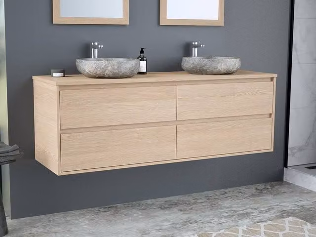 MILIPAM Suspended Bathroom Vanity with Double Stone Vessel Sinks, Light Oak Veneer and Grey Stone, W/D/H: 150 x 45 x 50 cm