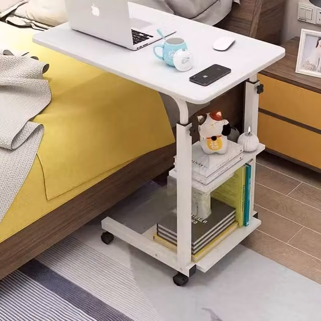 Living and Home 3-tier Height Adjustable Mobile Overbed Desk with Wheels in White – 1