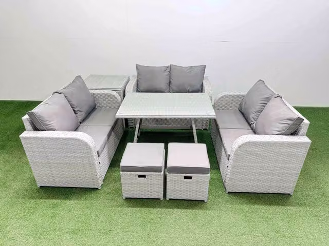 Fimous 8-Seater Patio Rectangular Table, Love Sofa Set and Side Table in Light Grey