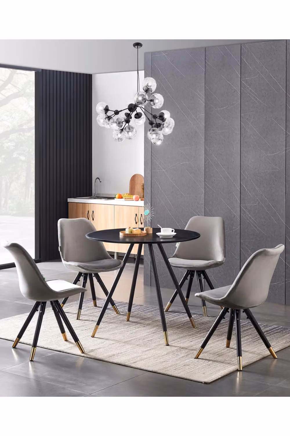 Life Interiors Set of 4 Sofia Ergonomic Modern Dining Chairs Upholstered in Dark Grey Velvet with Metal Legs and Gold End Caps – 5