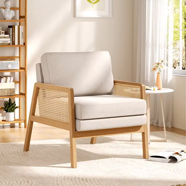 Komore Rustic Solid Wood and Rattan Armchair with Beige Fabric Cushions