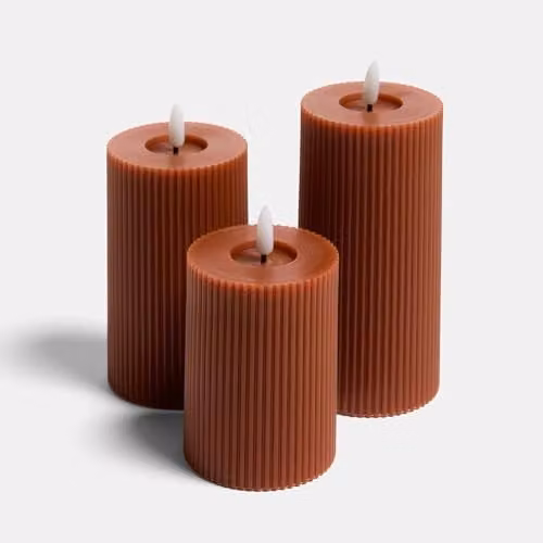 OHS Set of 3 Ribbed Flameless LED Pillar Candles with Flickering Effect in Rust Orange – 4
