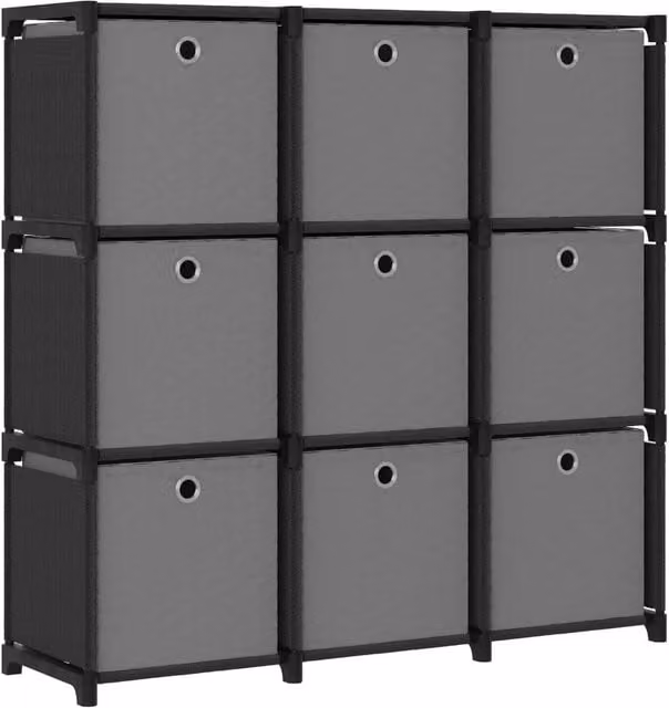 Berkfield Home 9-Cube Display Shelf with Fabric Boxes in Black and Grey, W/D/H: 103 x 30 x 107.5 cm