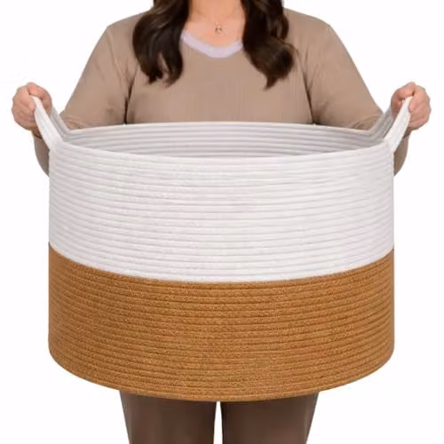 Libbi Lou Cotton Rope Storage Basket with Handles, Collapsible, Two-Tone Beige and Brown, W: 40 cm, D: 25 cm, H: 25 cm