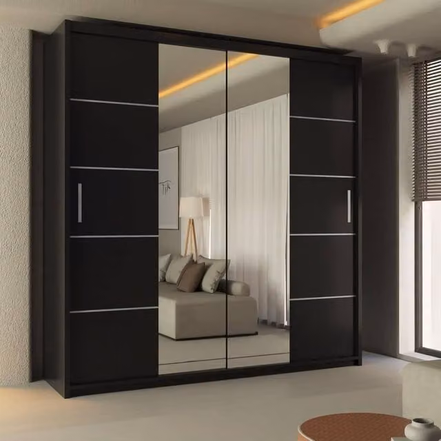 Sliding Wardrobes 4U Ribon Mirror Sliding Door Wardrobe in Black, W/H: 203 x 217 cm