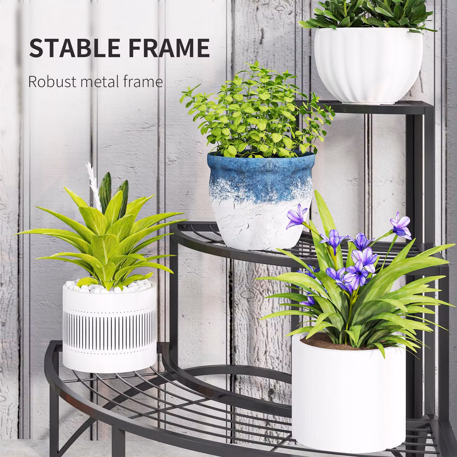 Outsunny 3 Tier Corner Metal Plant Stand, Black Quarter Round Flower Pot Holder for Indoor and Outdoor Use, H 87 x W 60 x D 28 cm – 5