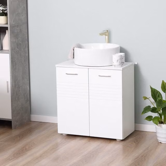 Kleankin Modern White Freestanding Under Sink Bathroom Cabinet with Hinged Doors and Internal Shelves