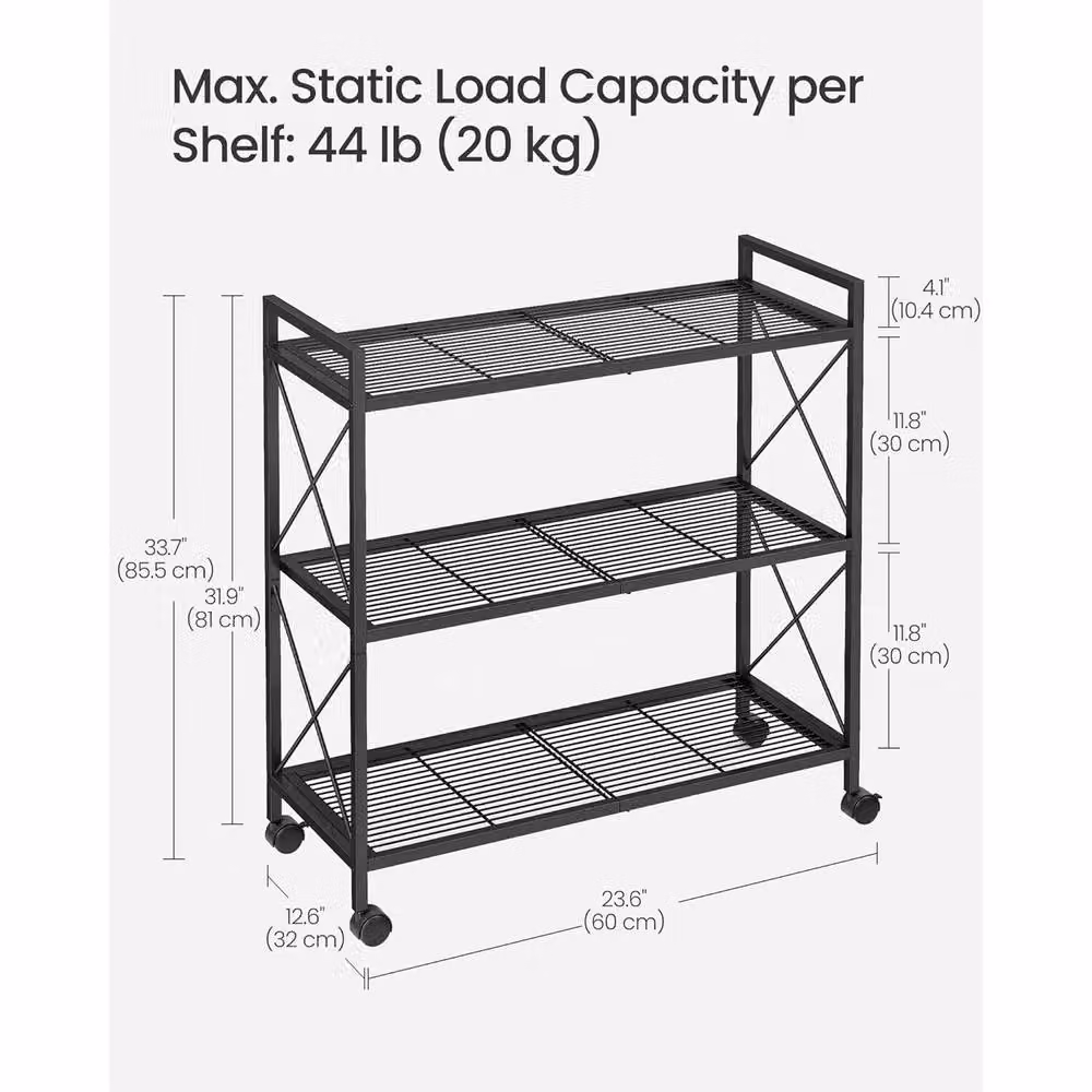 The Bazaarist 3 Tier Mobile Metal Mesh Storage Rack with X Frame in Matt Black – 3