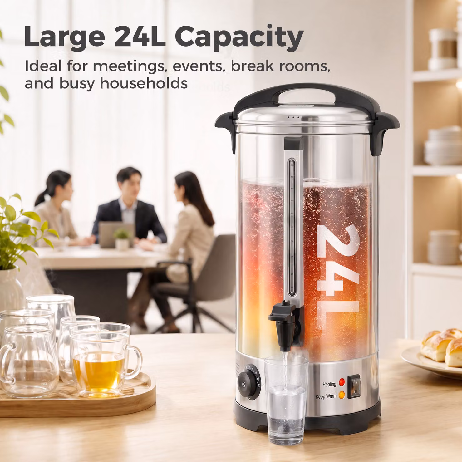HOMCOM 24L Catering Hot Water Urn, 2500W Stainless Steel Boiler Dispenser in Silver with Thermostat and Keep Warm Function – 3