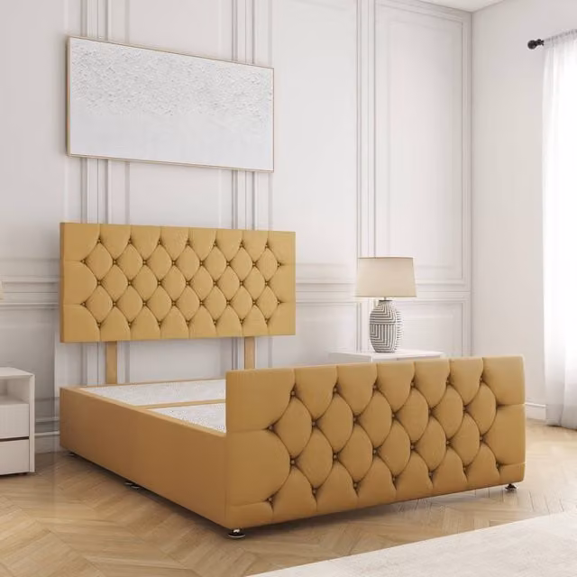 BSSPOKE Maya Super King Plush Velvet Divan Bed with 24 inch Headboard in Mustard Yellow