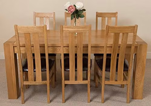 Oak Furniture King Kuba Solid Oak 6 Seater Dining Set with Princeton Upholstered Leather Chairs, Brown, W/D/H: 180 x 90 x 78 cm – 1