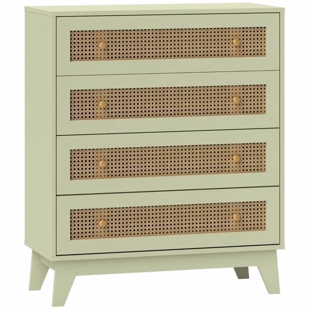 STILVORA 4-Drawer Chest of Drawers with Rattan Panels in Green – 2