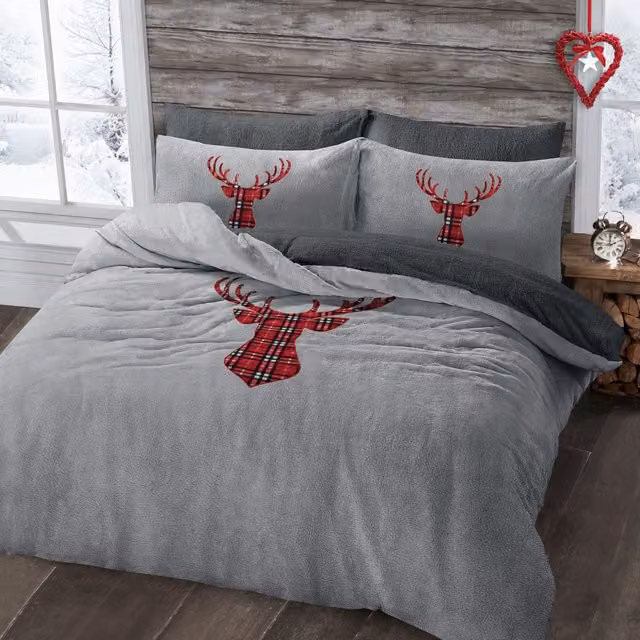 Velosso Stag Head Teddy Warm and Cosy Duvet Cover and Pillowcase Set in Silver Grey, Single, W: 90 cm, H: 200 cm