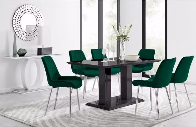 FurnitureboxUK Imperia 6-Person Green Dining Table with 6 Pesaro Silver Leg Chairs and Black Glossy Finish