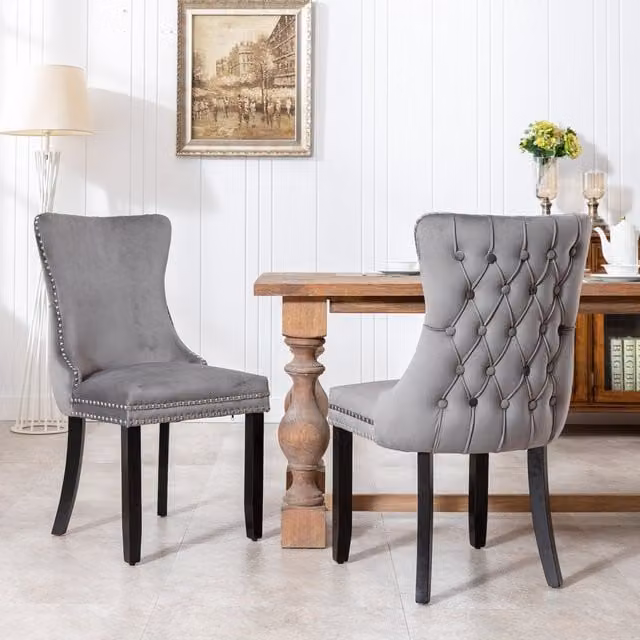 Home Touch Interiors Shalon Velvet Upholstered Dining Chairs with Tufted Wing Back in Grey (Set of 2)