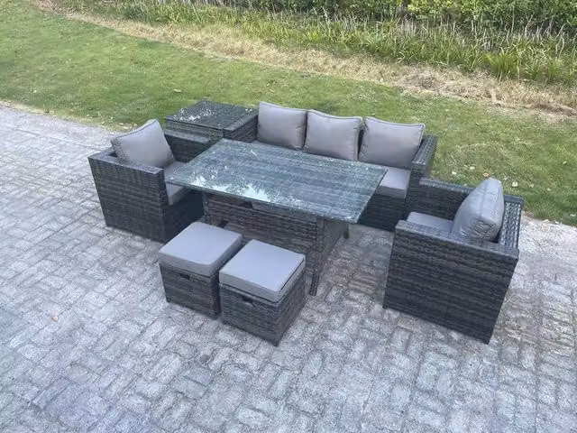 Fimous 7 Seater Rattan Garden Furniture Set with Rectangular Dining Table, Lounge Sofa, Chairs and 2 Stools in Dark Grey
