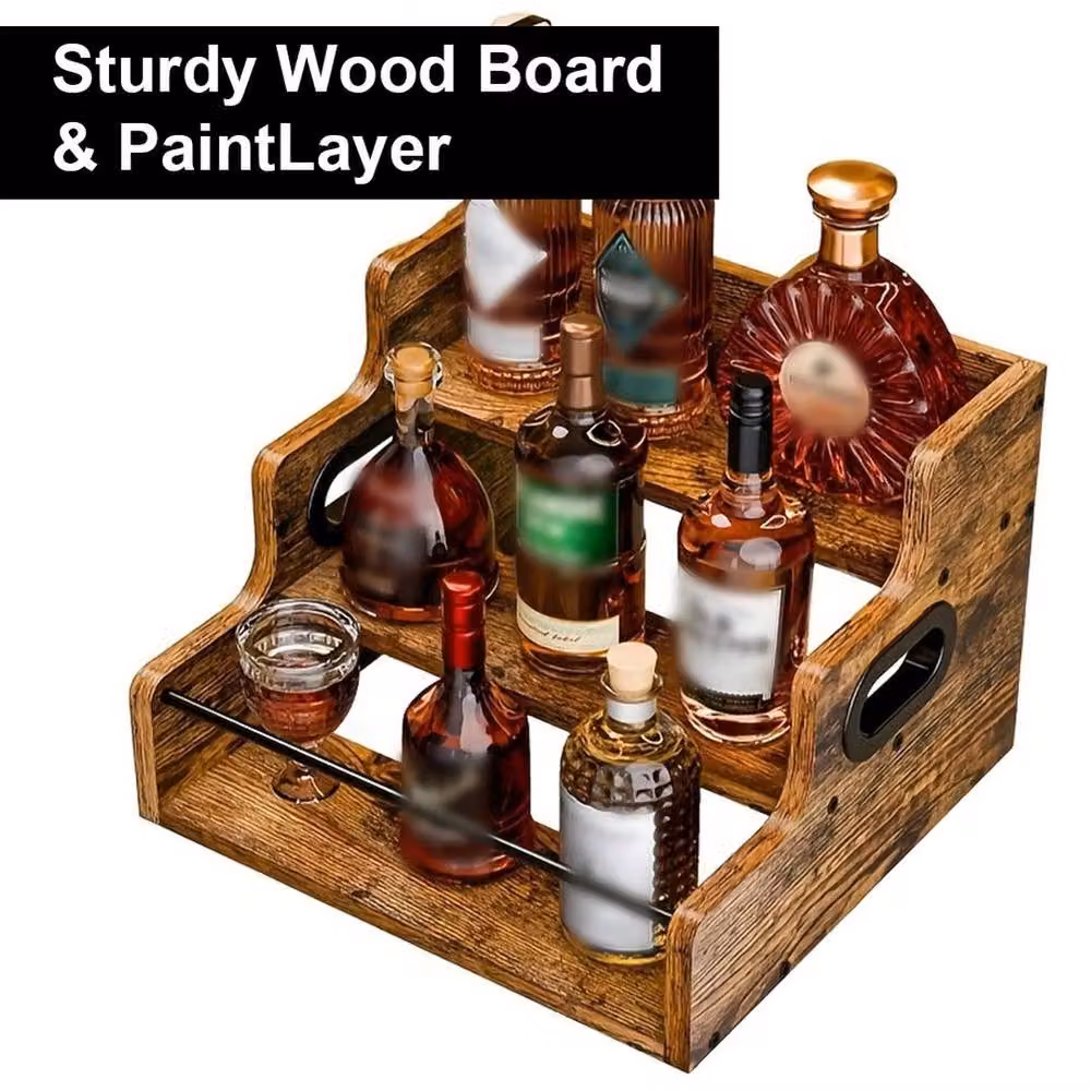 SPETLEK 3-Tier Retro Wood Countertop Liquor Bottle Display Shelf, Brown, W: 100 cm x D: 50 cm x H: 50 cm – 4