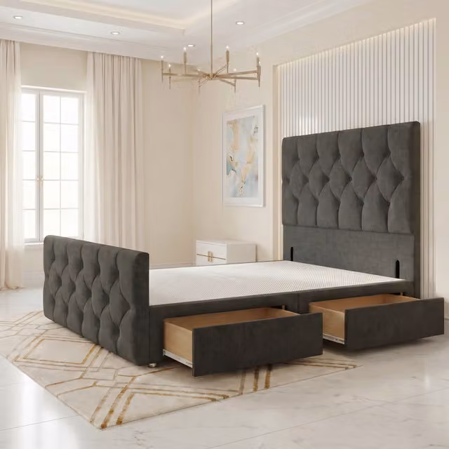 Somnior Beds Ltd Chesterfield Upholstered Linen Divan Bed Base with Drawers in Grey, W/D/H: 137 x 198 x 34.5 cm