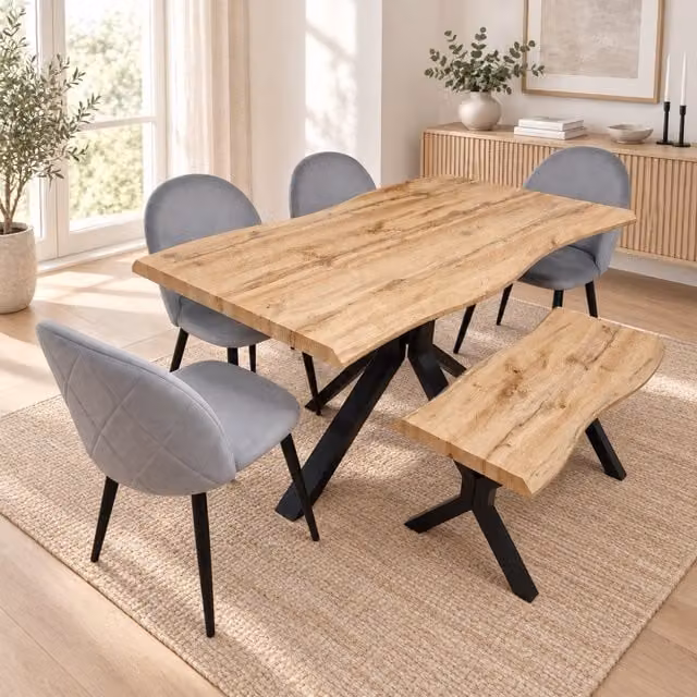 Kosy Koala Rustic Wood-Effect Dining Set with 4 Grey Velvet Chairs and Bench, Brown, W/D/H: 117 x 77 x 75 cm