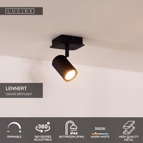 Lucide Lennert Dimmable Adjustable Ceiling Spotlight for Bathroom, Black, GU10, IP44 – 2