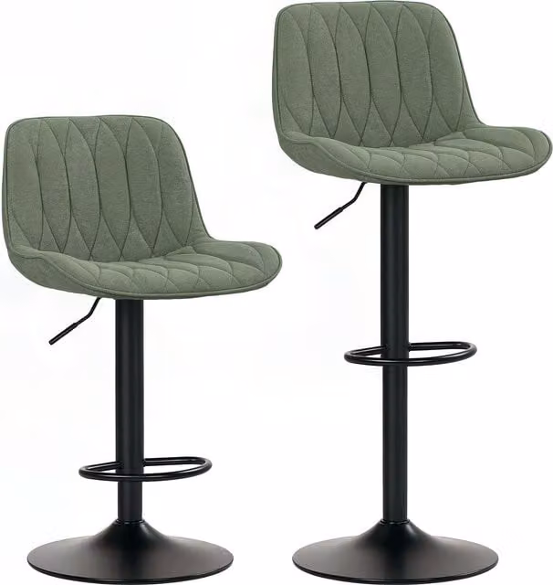 HOMCOM Set of 2 Adjustable Height Breakfast Bar Stools with 360 Degree Swivel and Green Linen Upholstery
