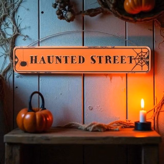 Garden Greatness Haunted Halloween Hanging Metal Street Sign in Orange – 1