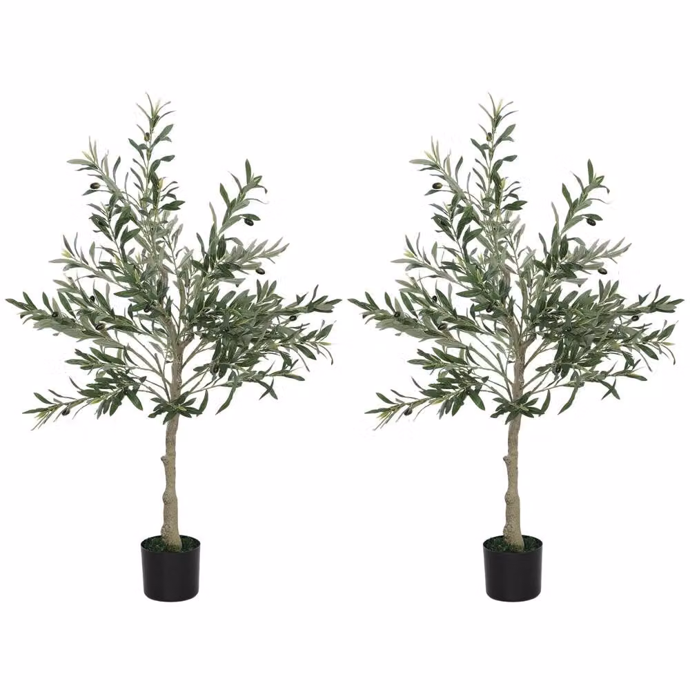 Wyld Haus Vakese Pair of Green Artificial Mediterranean Olive Style Trees with Silk Leaf Finish, H 120 cm x W 15 cm x D 15 cm – 2