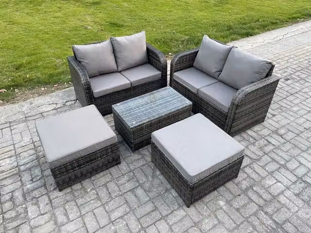 Fimous 6 Seater Rattan Garden Furniture Set in Dark Grey with Rectangular Coffee Table and 2 Ottomans