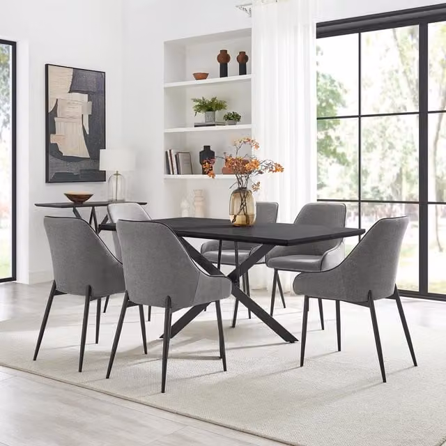 FurnitureboxUK Leonardo Black Top Dining Table with 6 Beaumont Grey Fabric Chairs