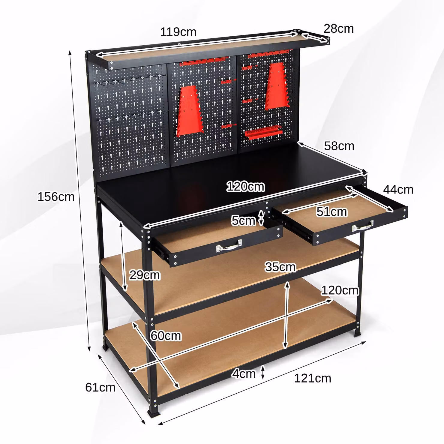 Costway Metal Workbench with Pegboard and Drawers, Black, W: 120 cm, H: 156 cm, D: 61 cm – 2