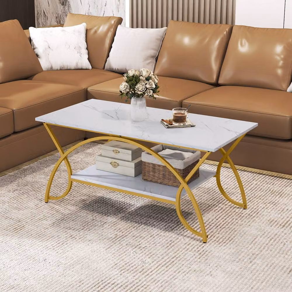 Costway Modern 2-Tier Faux Marble Coffee Table with Shelf in White and Gold – 3