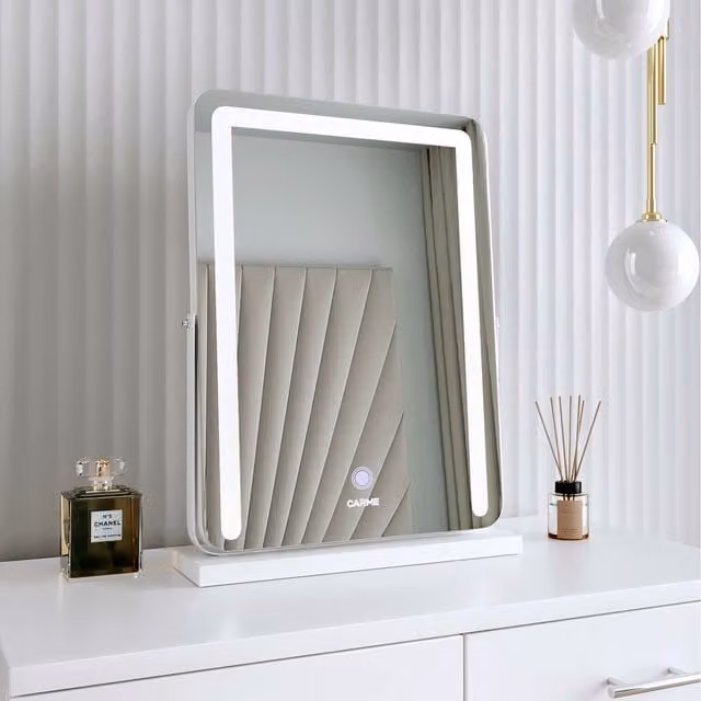 CARME Mia Frameless Rectangular Tabletop LED Mirror with Dimmable Touch Sensor Light in White