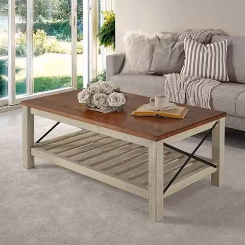 Mercers Furniture Cottage Pine Wood Coffee Table with Storage Shelf, White/Brown, W/D/H: 107 x 61 x 46 cm – 1