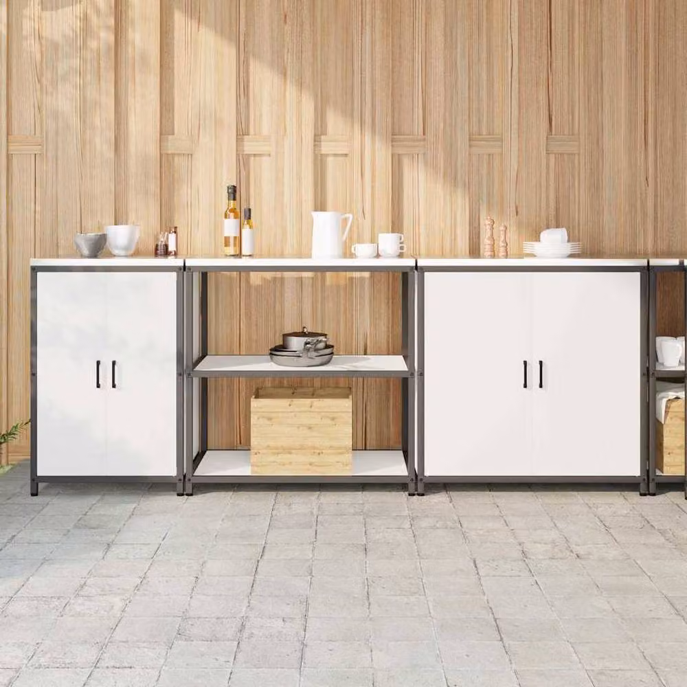 Berkfield Home 3-Piece Industrial Kitchen Storage Set in White Lacquered Cold-Rolled Steel with Hinged Doors and Open Shelving – 2