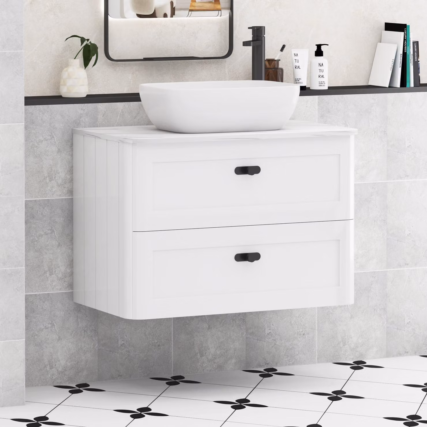 Royal Bathrooms Henley 800mm Gloss White Wall Hung Vanity Unit with Elva Basin and Matt Black Knob