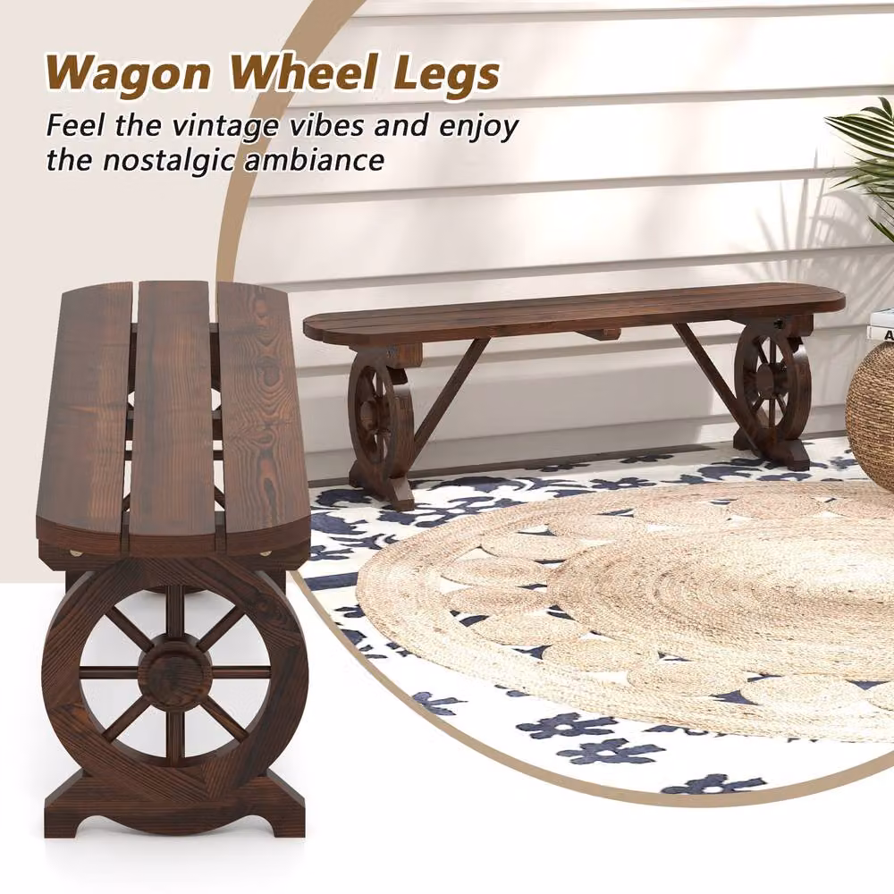 Gymax Rustic Brown Slatted Carbonised Wood 2-Seat Long Bench with Wagon Wheel Base for Garden and Terrace – 7
