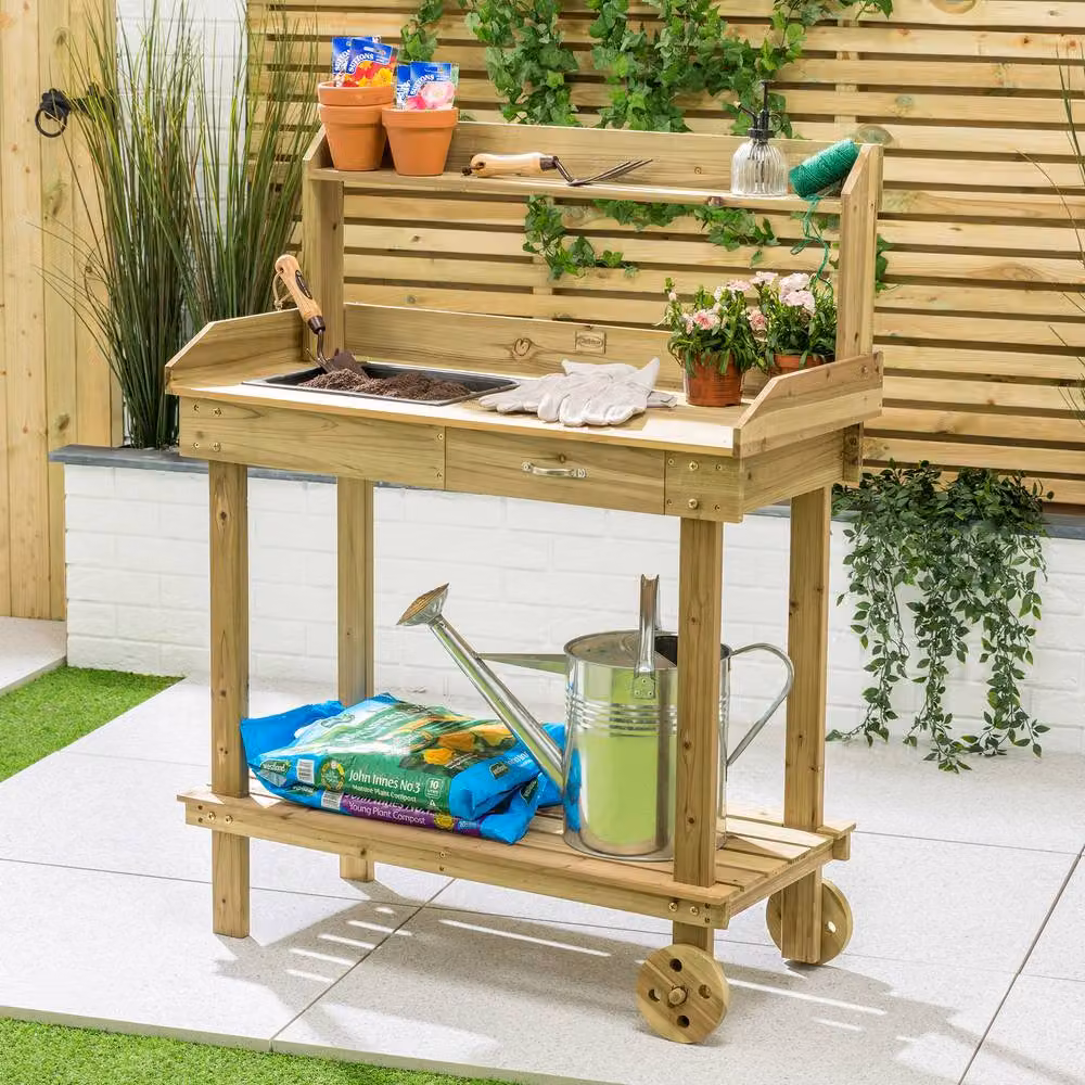 Christow Garden Potting Table Bench Wooden Workstation with Wheels and Tray in Natural, W/D/H: 120 x 42 x 90 cm – 2