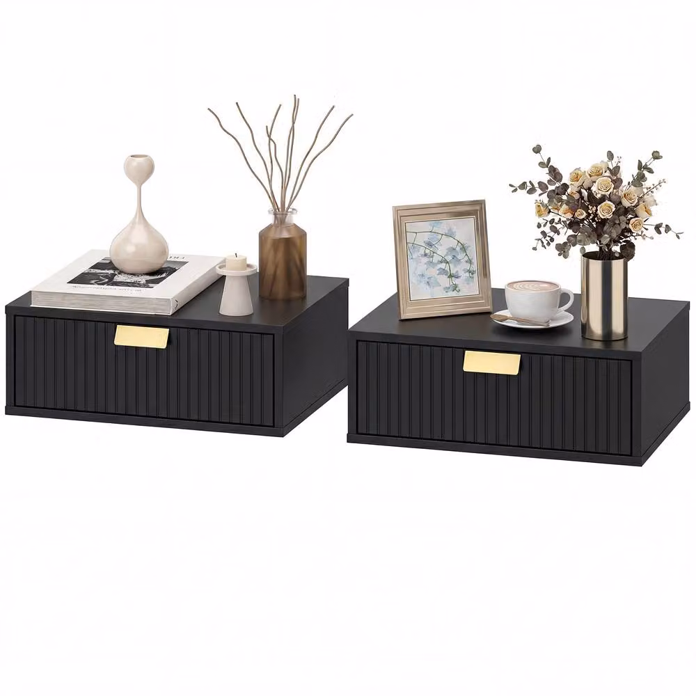 STILVORA Set of 2 Black Floating Bedside Tables with Drawer – 4