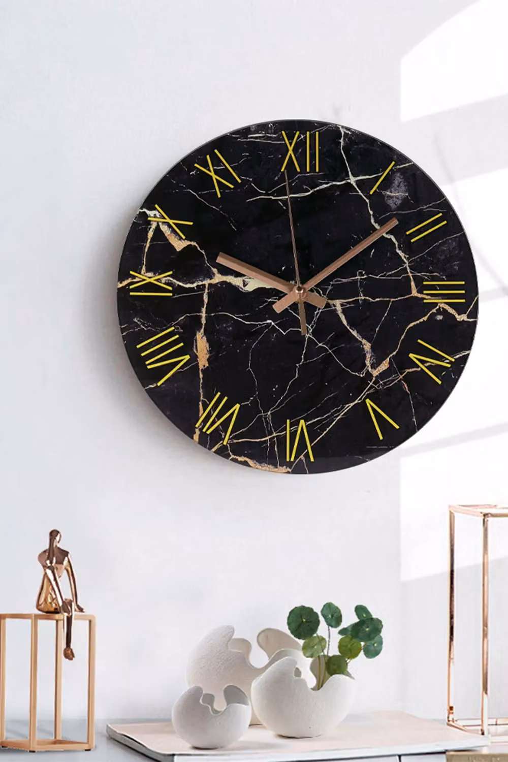 Living and Home Modern Black and Gold Marble Texture Round Silent Wall Clock, Diameter: 30.48 cm – 3