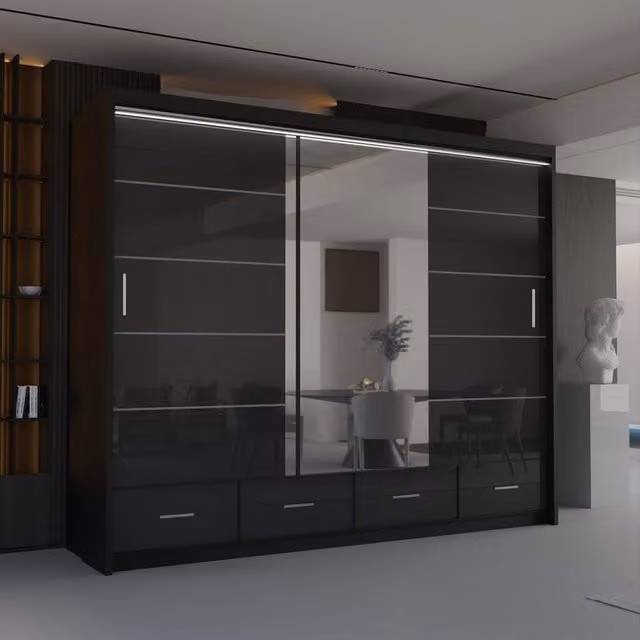 Sliding Wardrobes 4U Luxury High Gloss Sliding Wardrobe with Integrated LED Light, Black, W: 255 cm, H: 220 cm